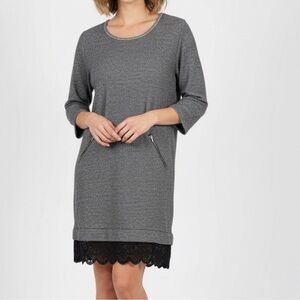 Anthropologie Dolan gray sweater dress zipper pockets black lace trim size XL